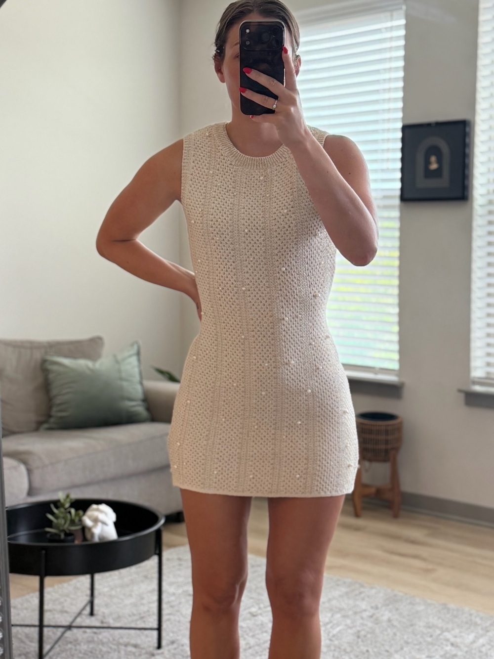NWT Zara Size Medium Cream/Gold Metallic Thread Crotchet Pearl Embellished Dress
